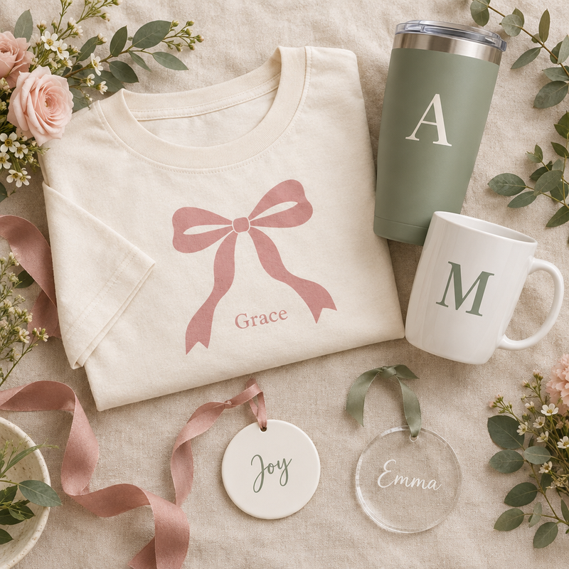Vinyl and DTF-style personalized shirts, cups, and ornaments