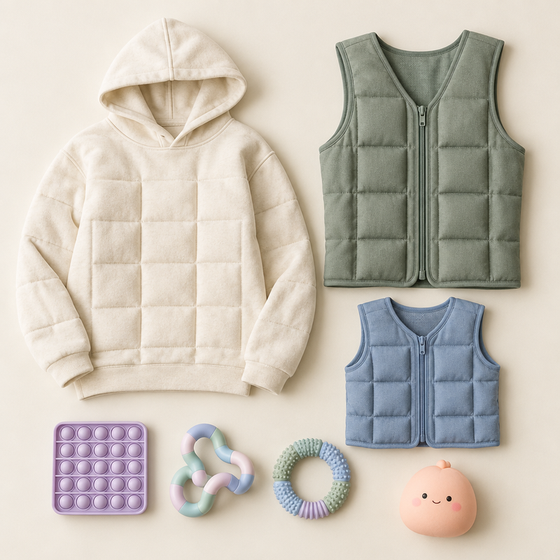 Weighted clothing and fidget accessories with a squishy toy