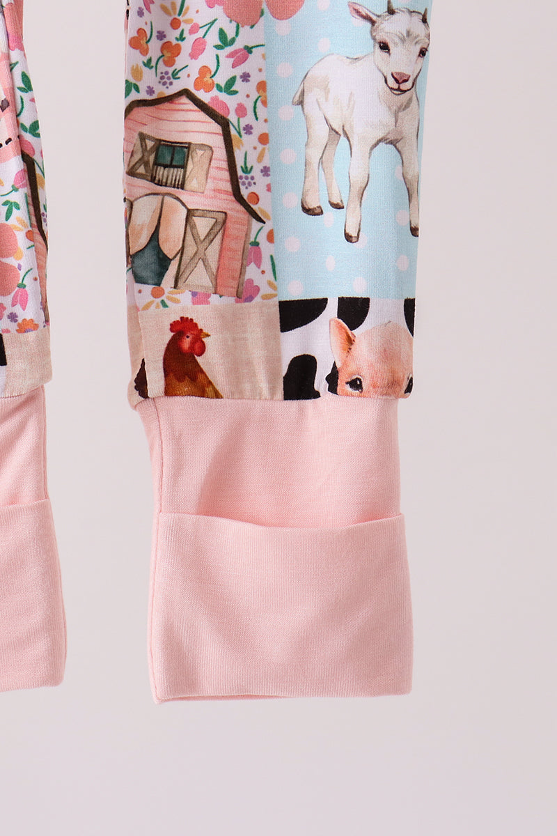 Pink Farm Animals Zip Bamboo Romper