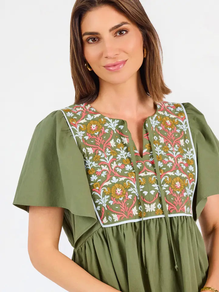 Mary Square Piper Embroidered Dress | Olive