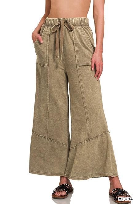 Acid Washed Flare Hem Pants with Pockets Zenana