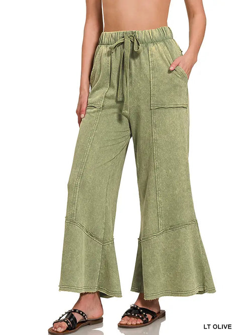 Acid Washed Flare Hem Pants with Pockets Zenana