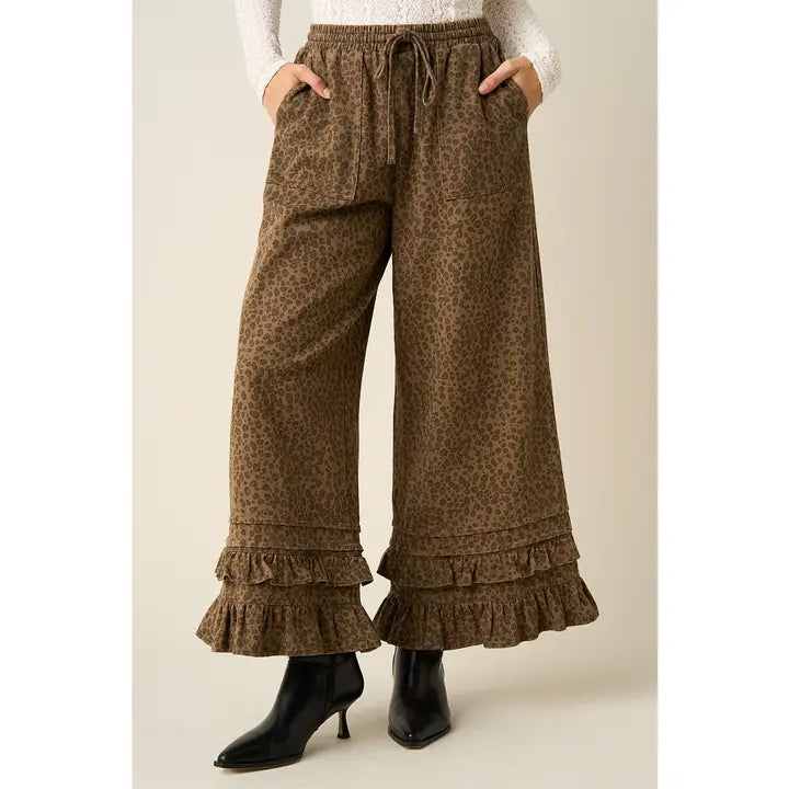 Animal Print Ruffle Hem Wide Leg Pants