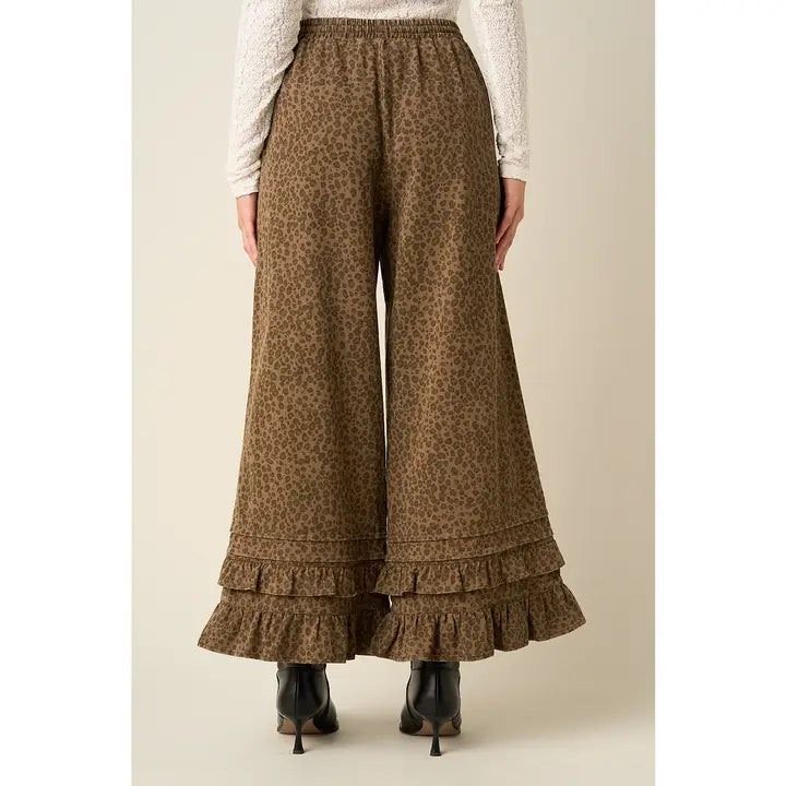 Animal Print Ruffle Hem Wide Leg Pants