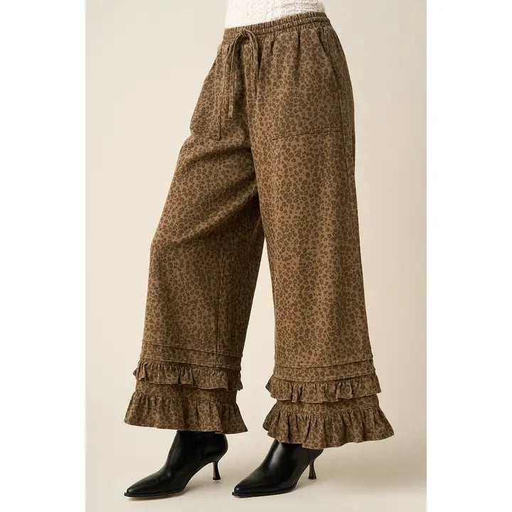 Animal Print Ruffle Hem Wide Leg Pants