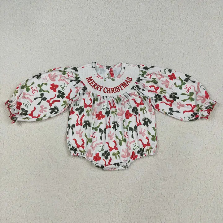 Baby Girls Smocked Embroidery Merry Christmas Colorful Bows Rompers