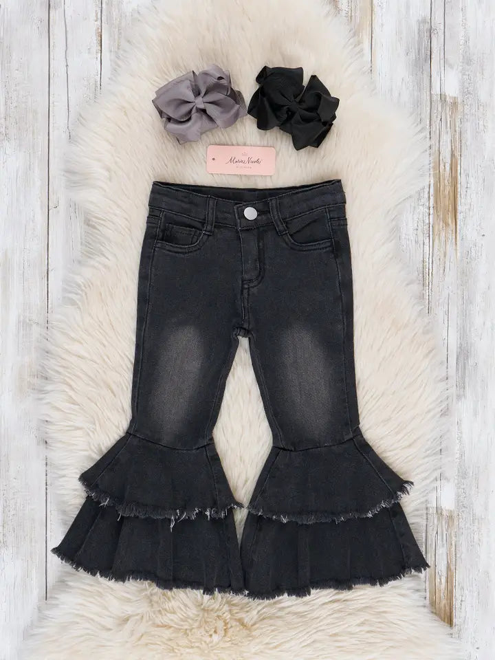 Black Tiered Denim Bell Bottoms