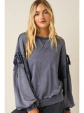 Bow Applique Washed Balloon Sleeve Sweatshirt