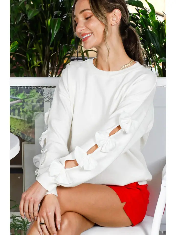 Bow Embellished Crew Neck Long-Sleeve Knit Sweater