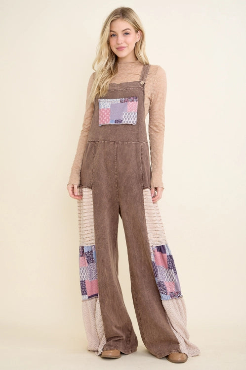 Mineralwashed Tiered Patchwork Boho Jumpsuit