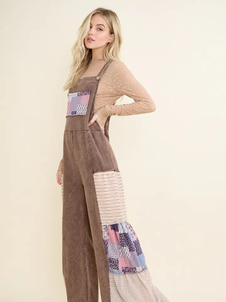 Mineralwashed Tiered Patchwork Boho Jumpsuit