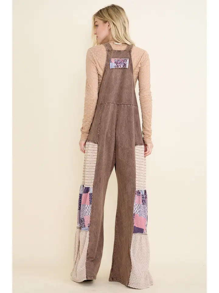 Mineralwashed Tiered Patchwork Boho Jumpsuit