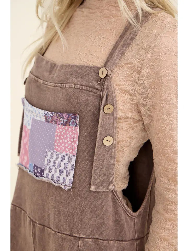 Mineralwashed Tiered Patchwork Boho Jumpsuit