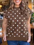 Brown Dolman Short Sleeve Round Neck Polka Dot Sweater