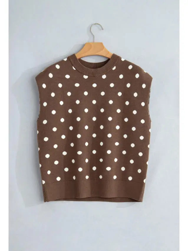 Brown Dolman Short Sleeve Round Neck Polka Dot Sweater