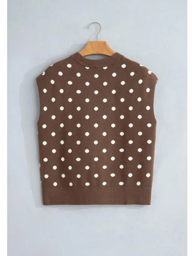 Brown Dolman Short Sleeve Round Neck Polka Dot Sweater