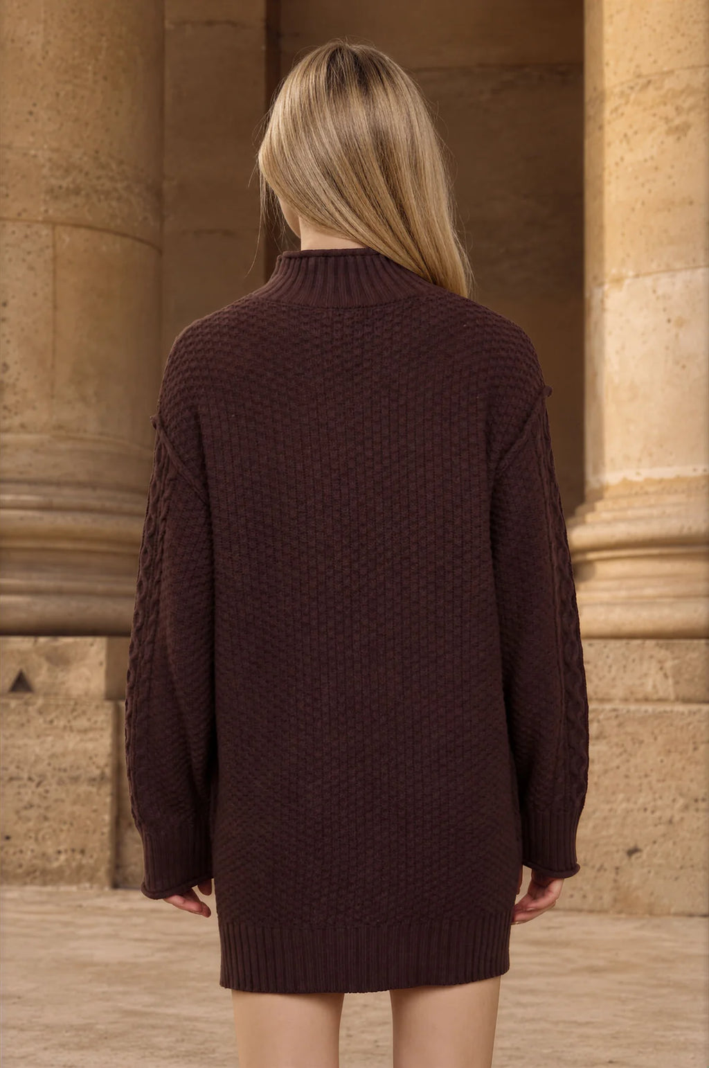 CABLE KNIT MOCK NECK MINI SWEATER DRESS