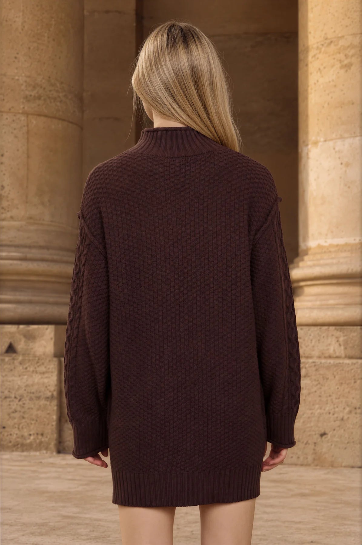 CABLE KNIT MOCK NECK MINI SWEATER DRESS