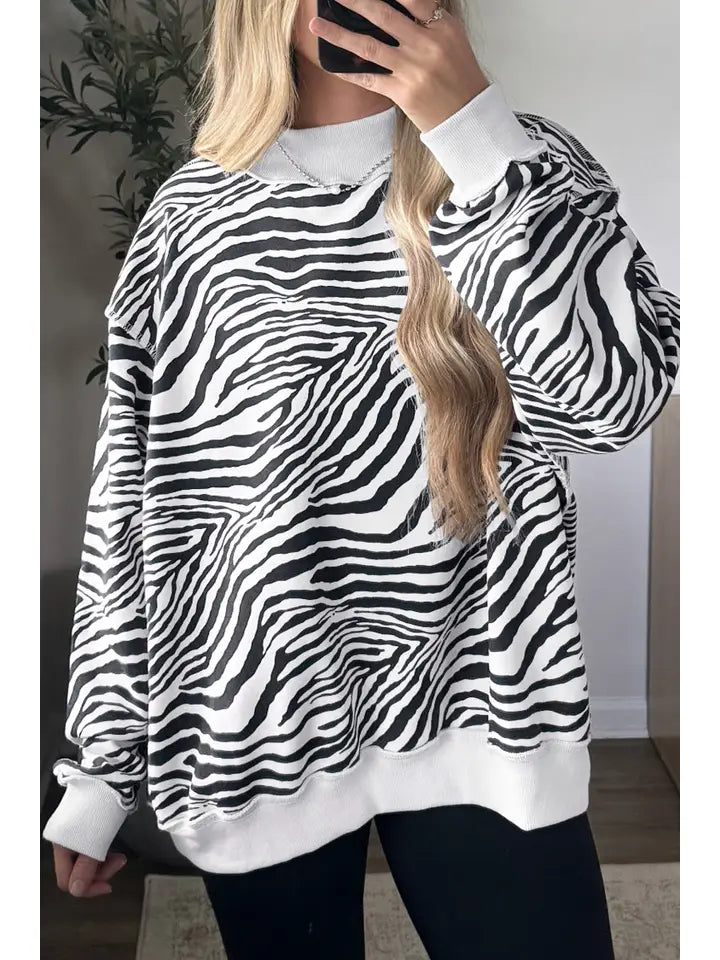 Zebra Stripe Exposed Seam Ribbed Mock Neck Sweatshirt
