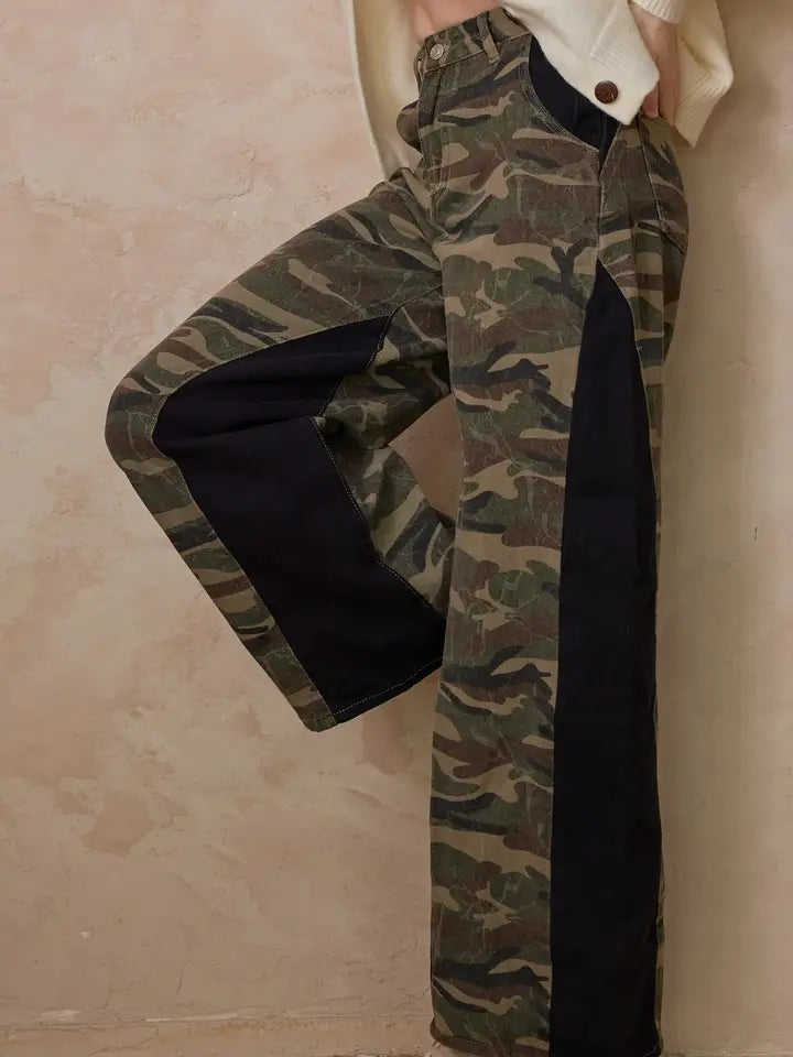 Camouflage Wide Leg Pants with Contrast Panels