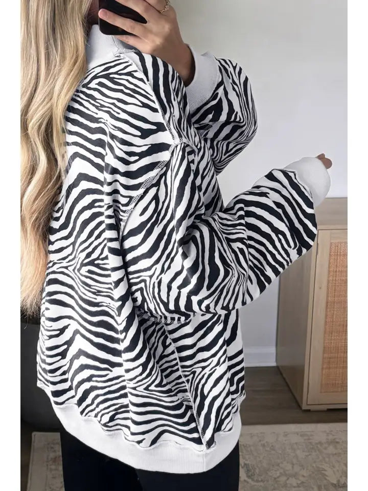 Zebra Stripe Exposed Seam Ribbed Mock Neck Sweatshirt