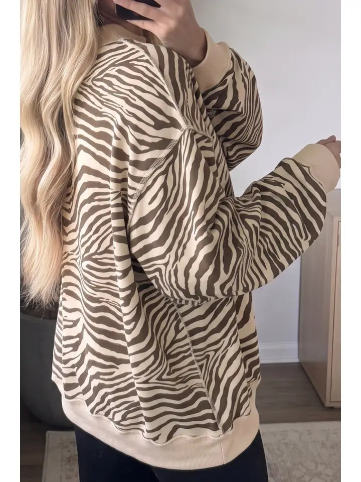 Zebra Stripe Exposed Seam Ribbed Mock Neck Sweatshirt