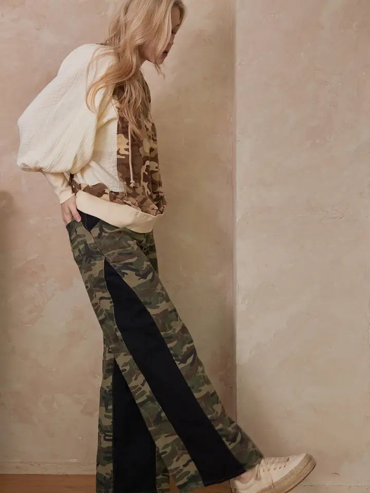 Camouflage Wide Leg Pants with Contrast Panels