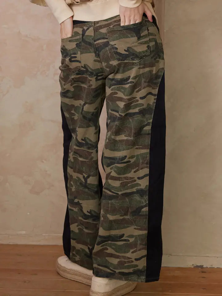 Camouflage Wide Leg Pants with Contrast Panels
