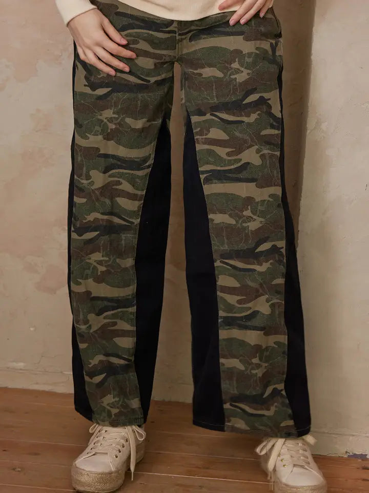 Camouflage Wide Leg Pants with Contrast Panels