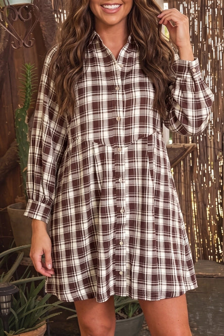 Casual Plaid Long Sleeve Short Shift Mini Dress