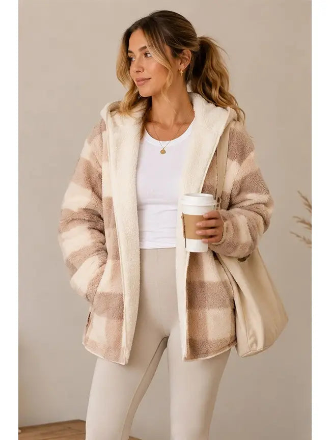 Cozy Plaid Print Teddy Coat w/ Pockets
