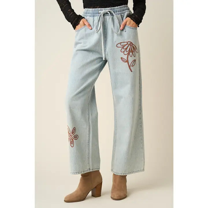 Daisy Embroidery Elastic Waist Denim Jeans