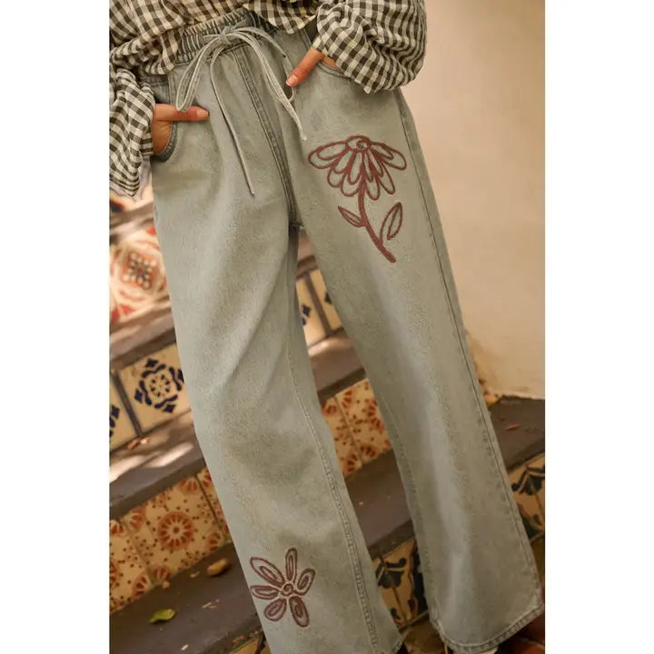 Daisy Embroidery Elastic Waist Denim Jeans