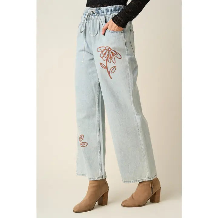 Daisy Embroidery Elastic Waist Denim Jeans