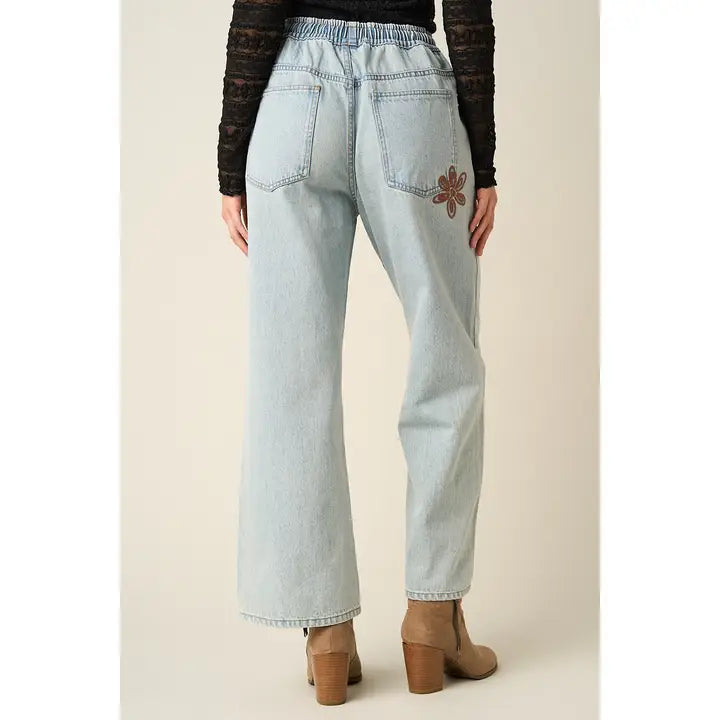 Daisy Embroidery Elastic Waist Denim Jeans