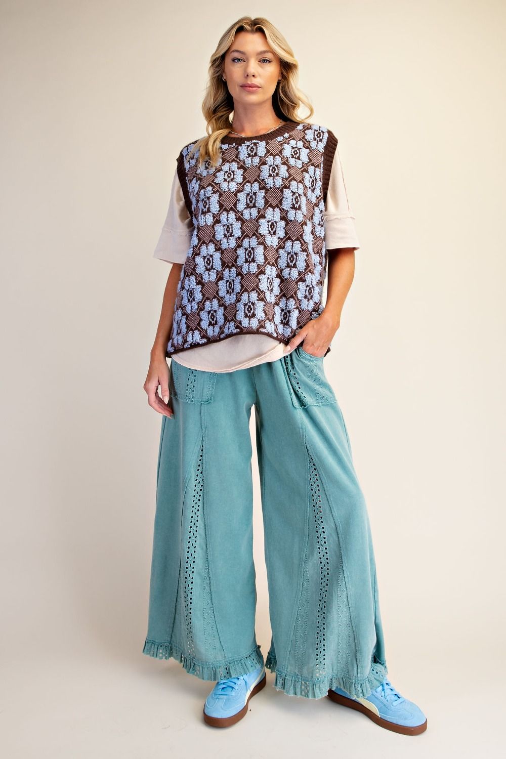 EASEL LACE MIX WASHED TERRY WIDE PANTS