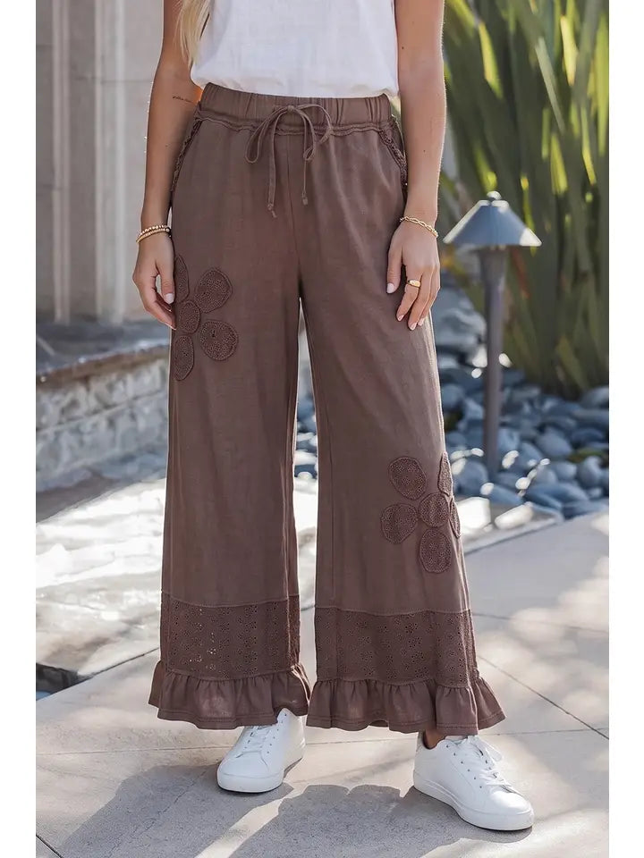 Eyelet Lace Patchwork Flower Detail Ruffle Hem Loose Pants