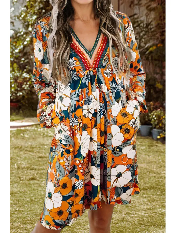 Floral Print Striped Lace Long Sleeve Mini Dress