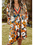 Floral Print Striped Lace Long Sleeve Mini Dress