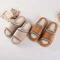 Faux Fur & Suede Slides Slippers With Cross Stitch Detail