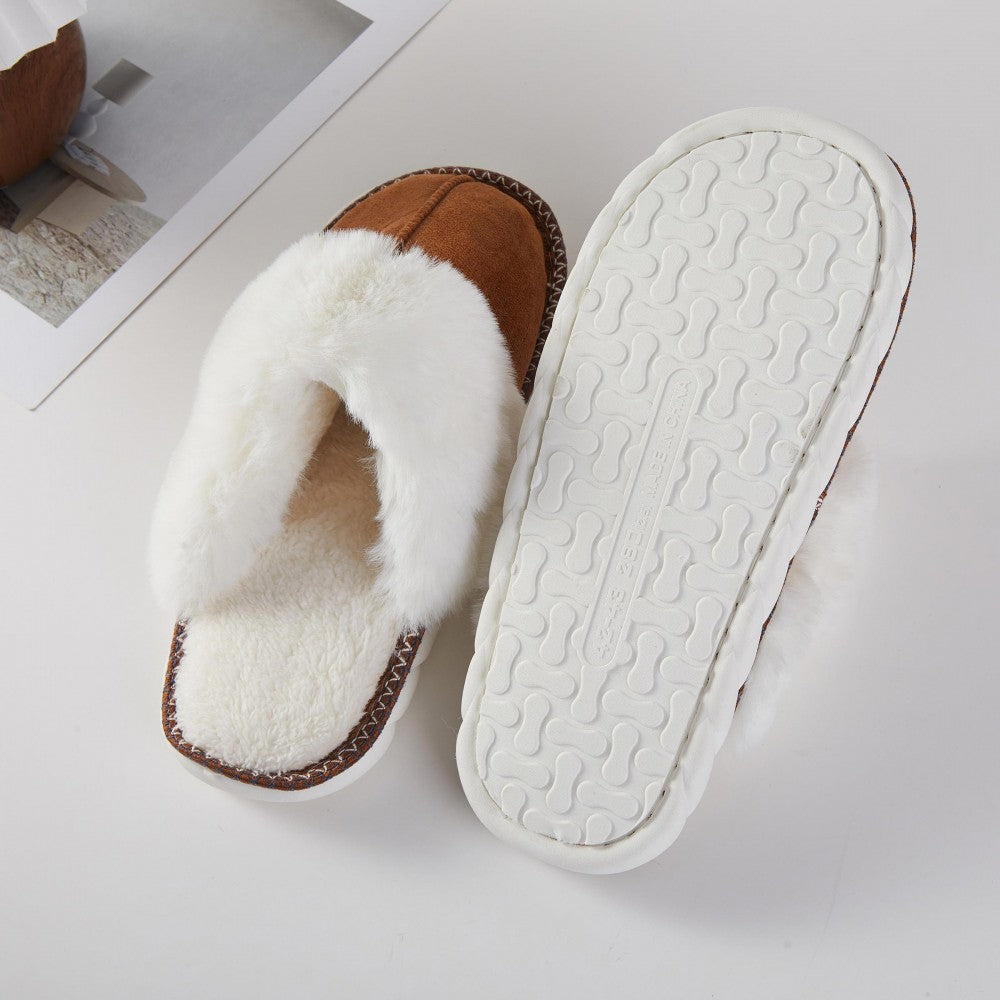 Faux Fur & Suede Slippers With Cross Stitch Detail