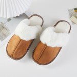 Faux Fur & Suede Slippers With Cross Stitch Detail