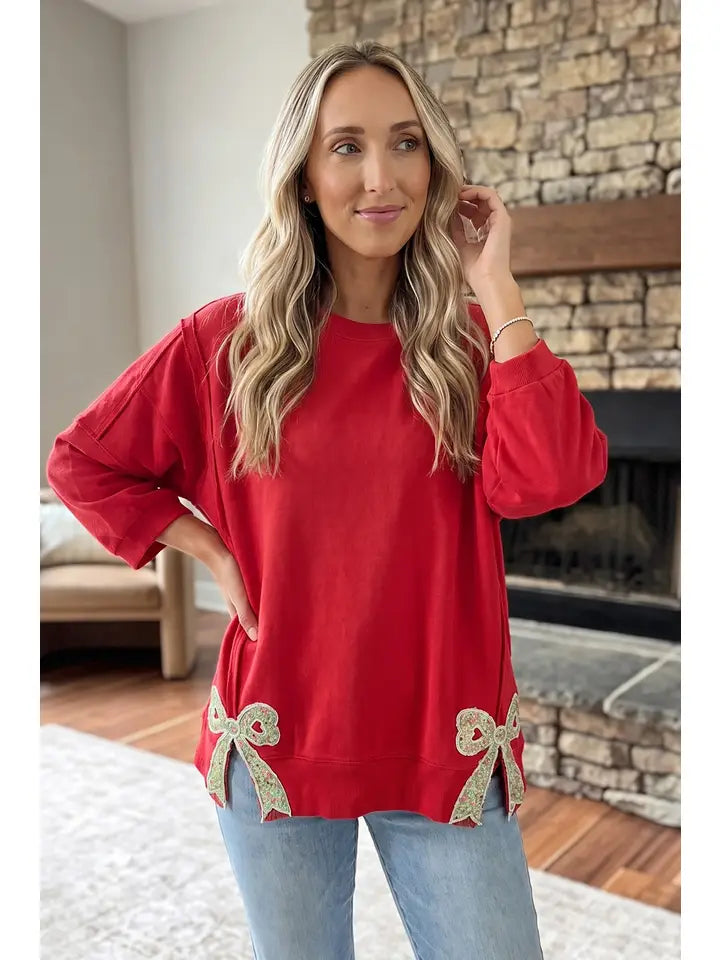 Floral Bow Patch Expose Seam Slit Baggy Sweatshirt