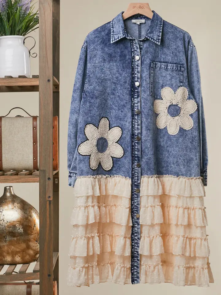 Floral Patch Denim Shirt Dress with Lace Ruffle