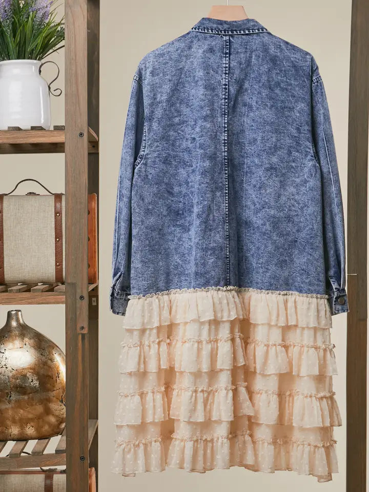 Floral Patch Denim Shirt Dress with Lace Ruffle