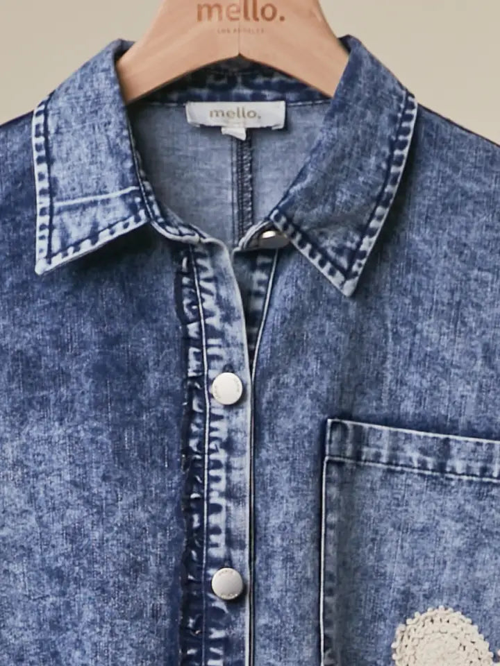 Floral Patch Denim Shirt Dress with Lace Ruffle