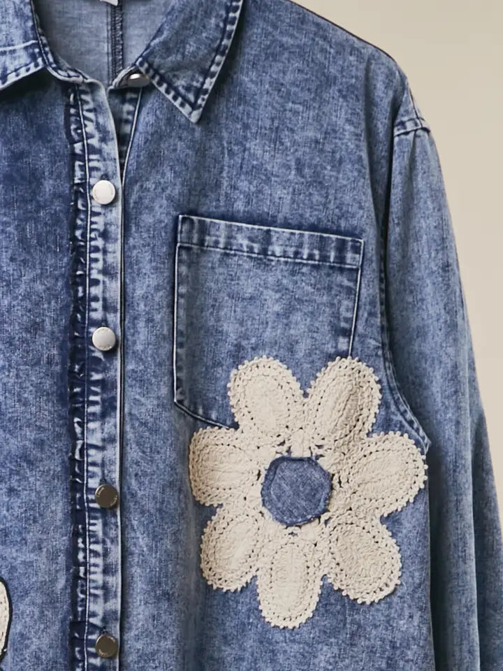 Floral Patch Denim Shirt Dress with Lace Ruffle