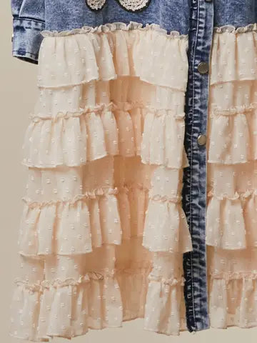 Floral Patch Denim Shirt Dress with Lace Ruffle