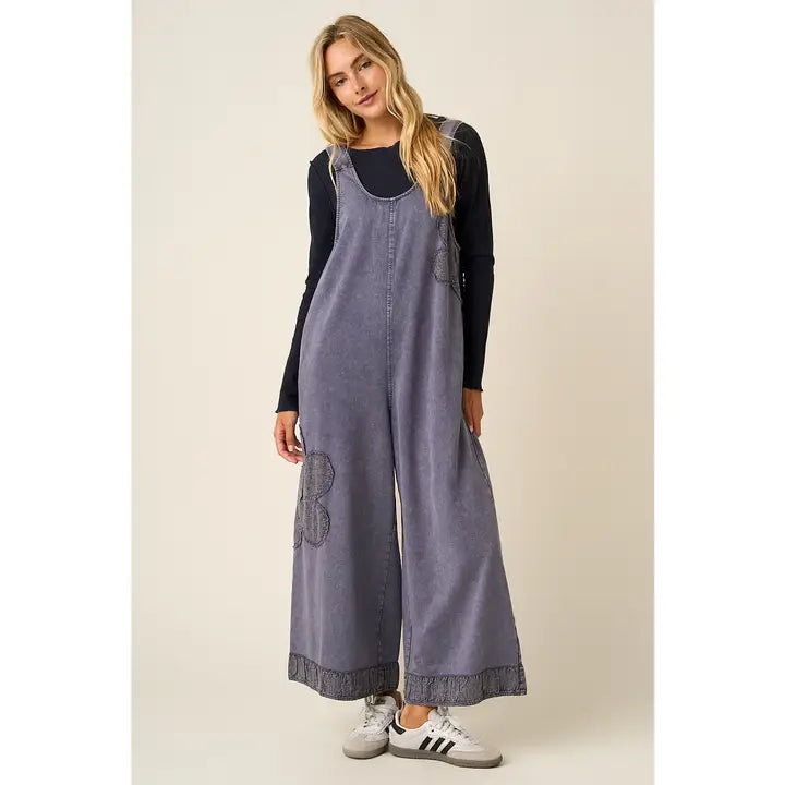 Floral Patch Wide Leg Overall Jumpsuit