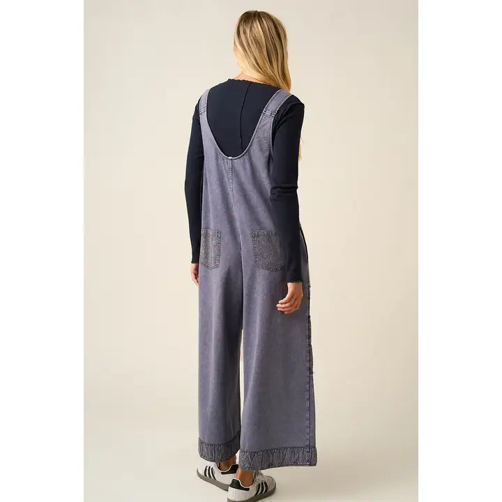Floral Patch Wide Leg Overall Jumpsuit